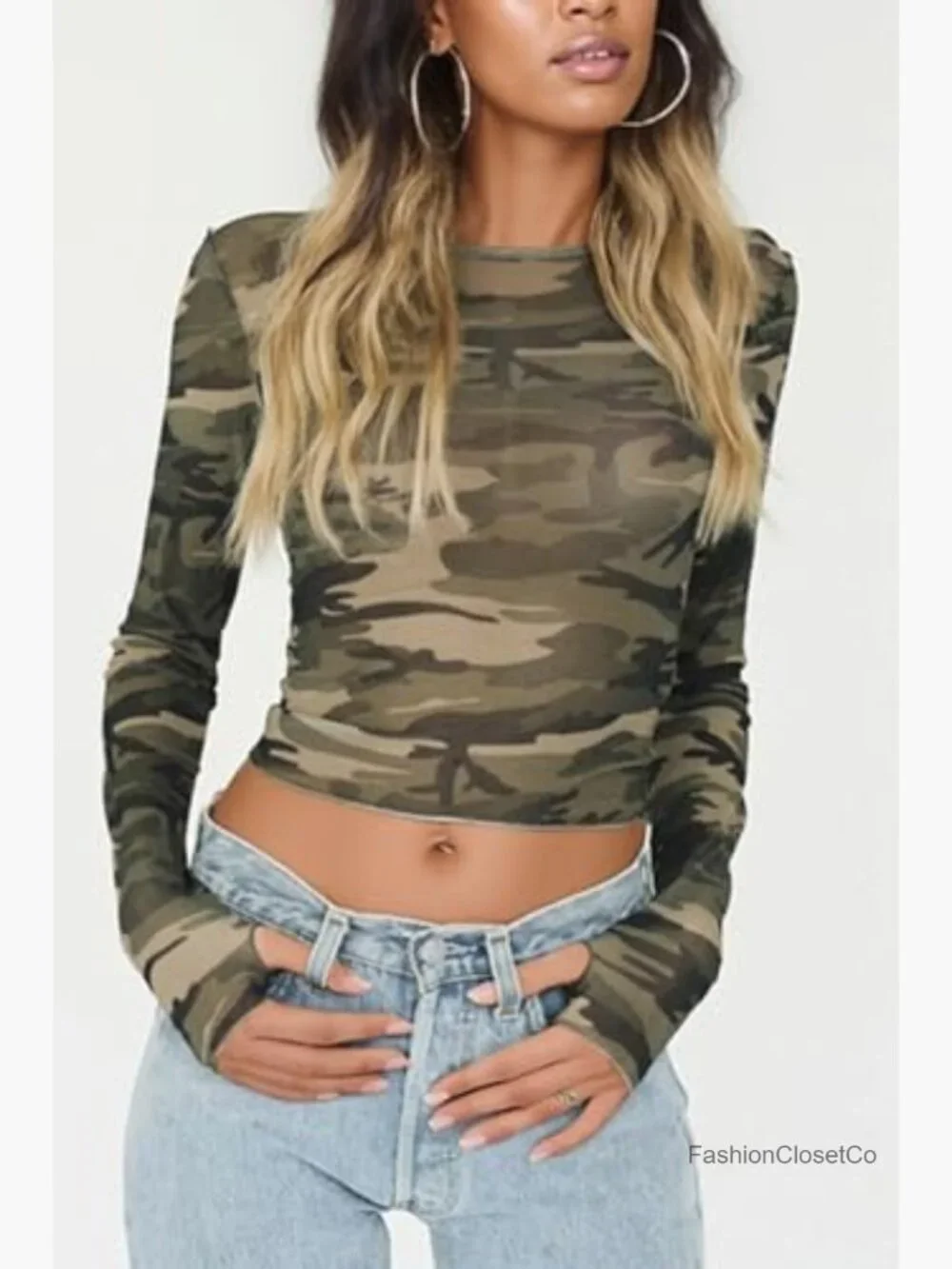 Long Sleeve Crop Top Mesh Sheer See Through Slim Fit Streetwear Tee - Picture 2 of 6